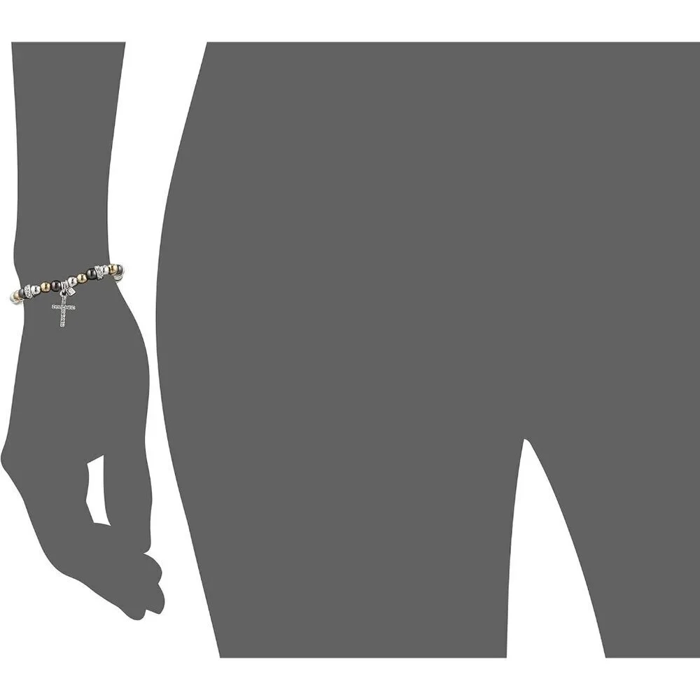 Women's Crystal Cross Tri Tone No Clasp Base Stretch Bracelet